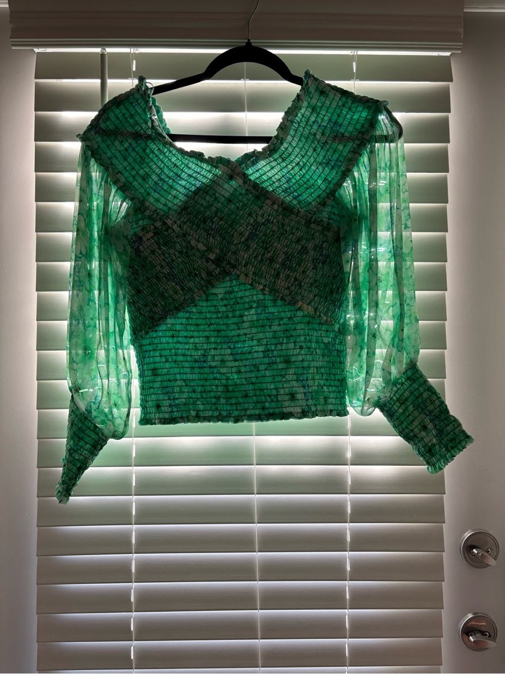 BB Dakota by Steve Madden Green Smocked Puff Sleeve Blouse